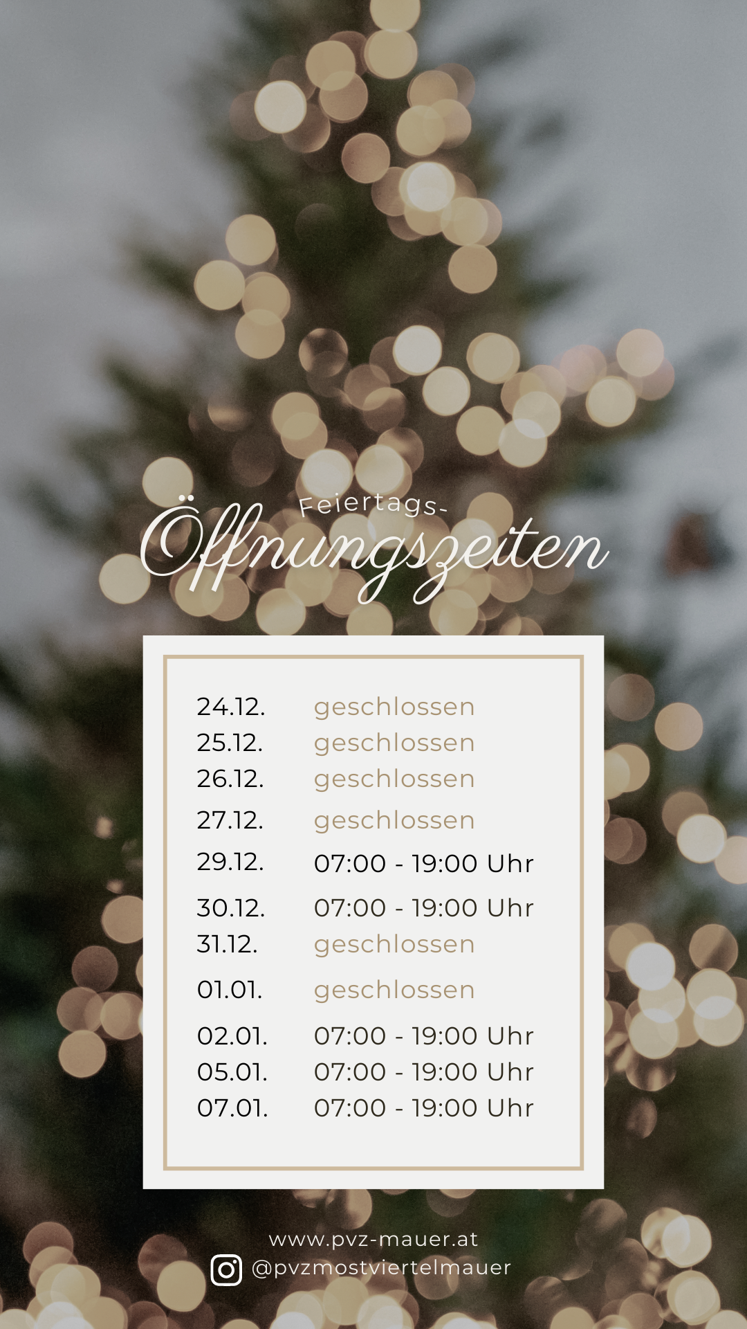 Öffnungszeiten während der Feiertage 